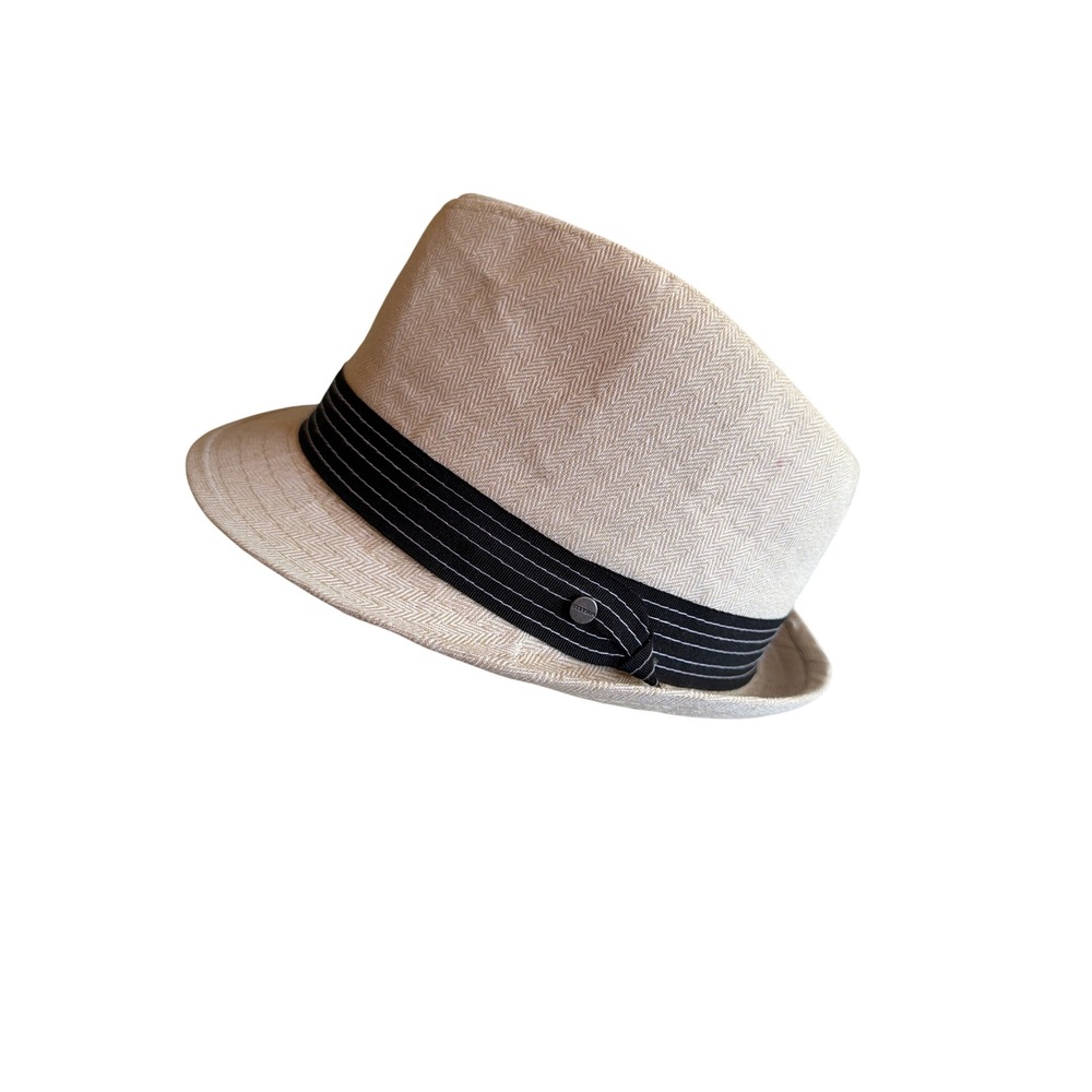 Stetson Fedora Hat Cream Herringbone Woven Trilby‎ Black Striped Band Logo Pin